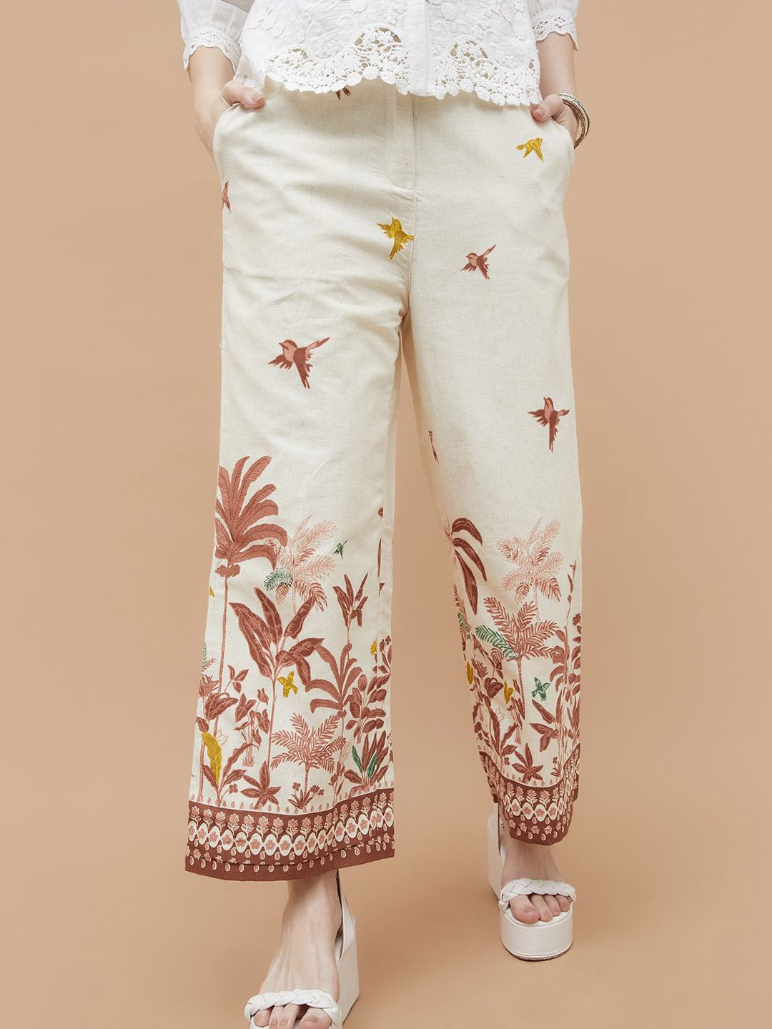 

Colour Me by Melange Women Mid-Rise Cotton Printed Wide Leg Cropped Trousers, Off white