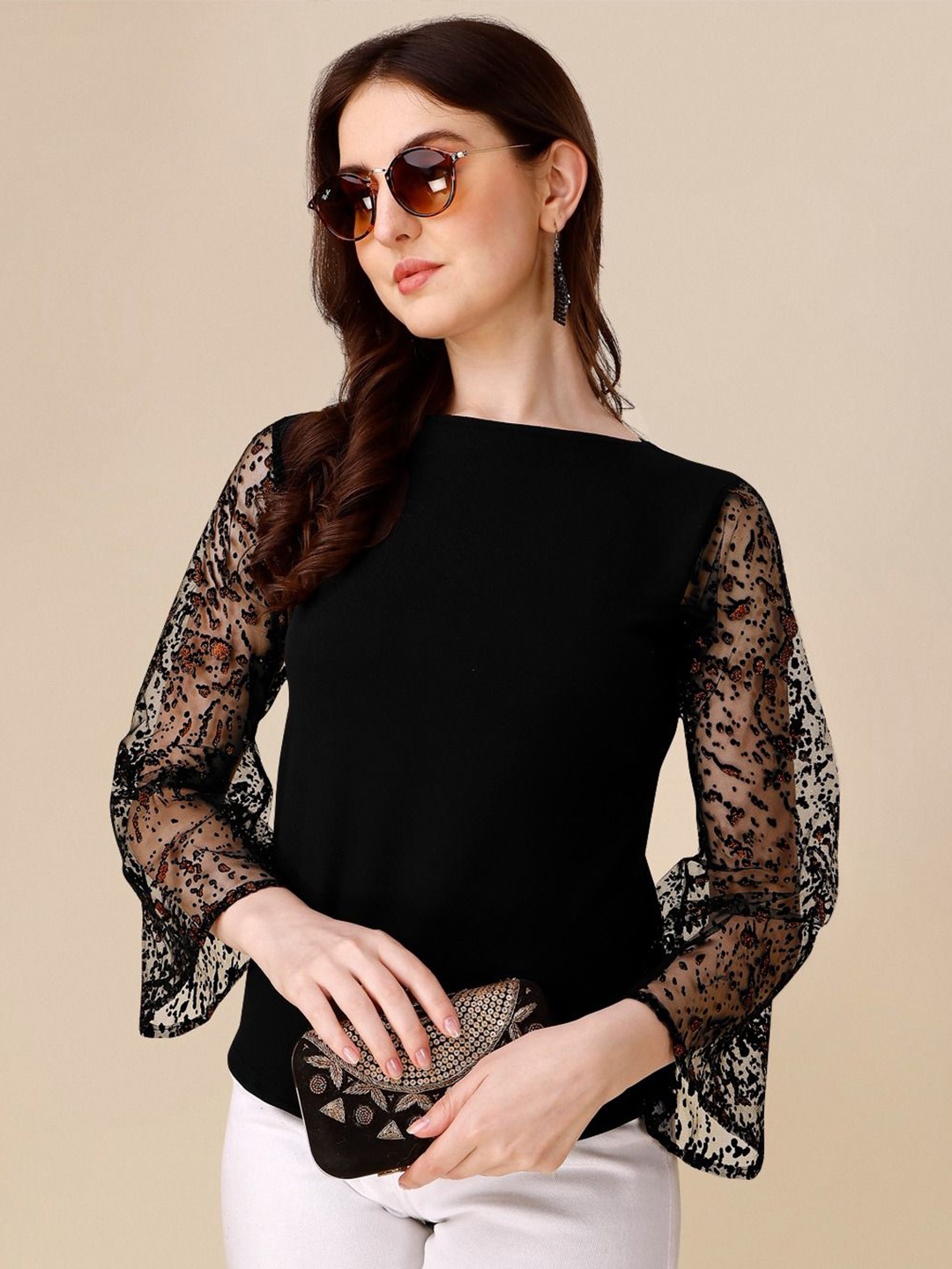 

De La Moda Women Boat Neck Flared Sleeve Top, Black