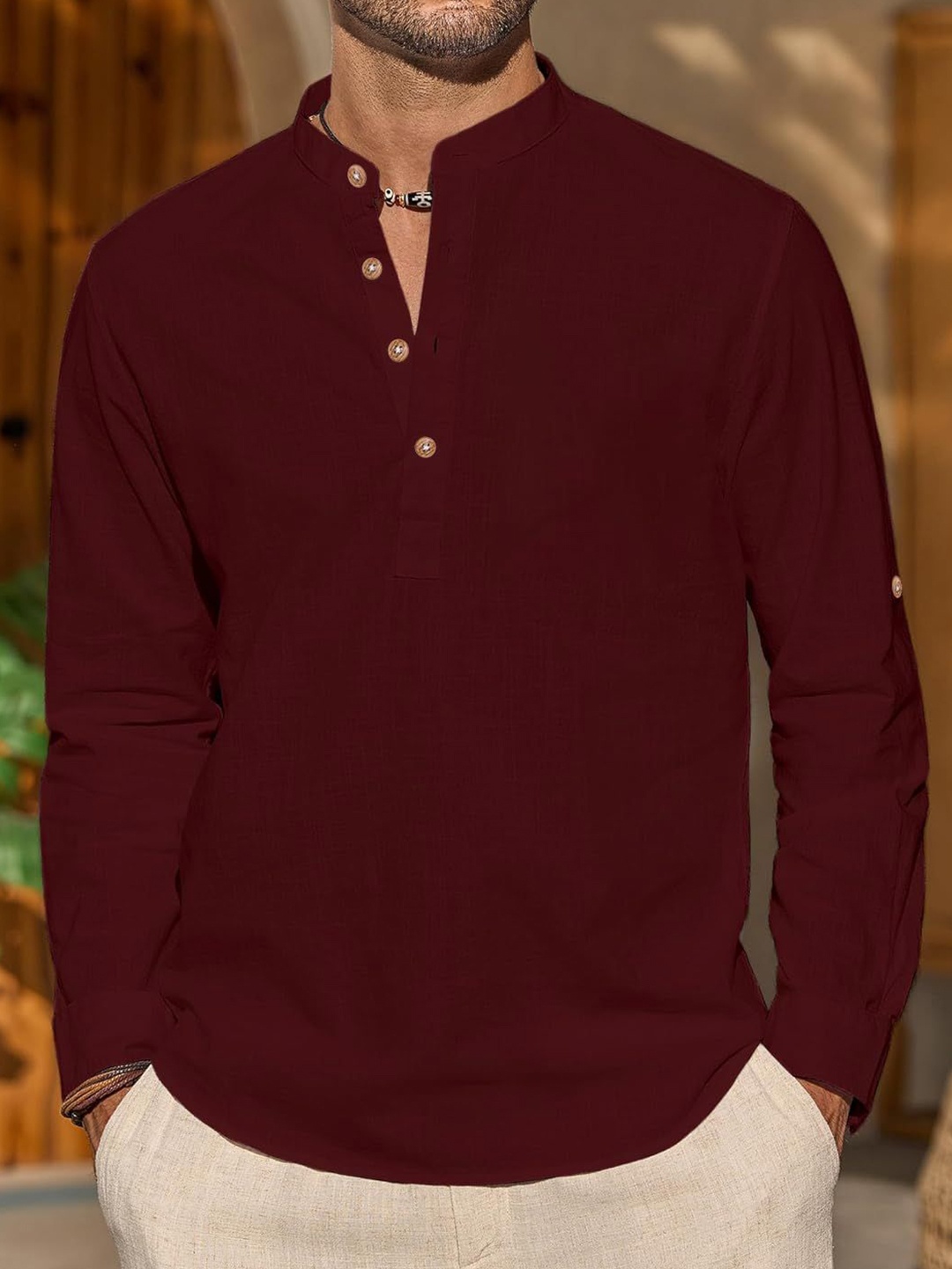 

EdinWolf Men India Slim Fit Mandarin Collar Solid Cotton Casual Shirt, Maroon