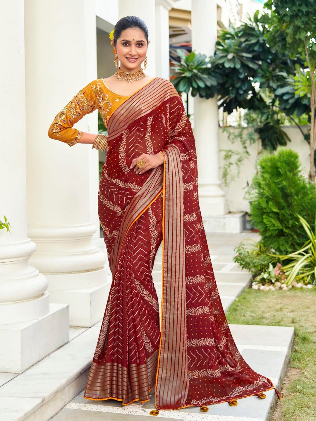 

MAHALASA Bandhani Printed Pure Chiffon Saree, Maroon