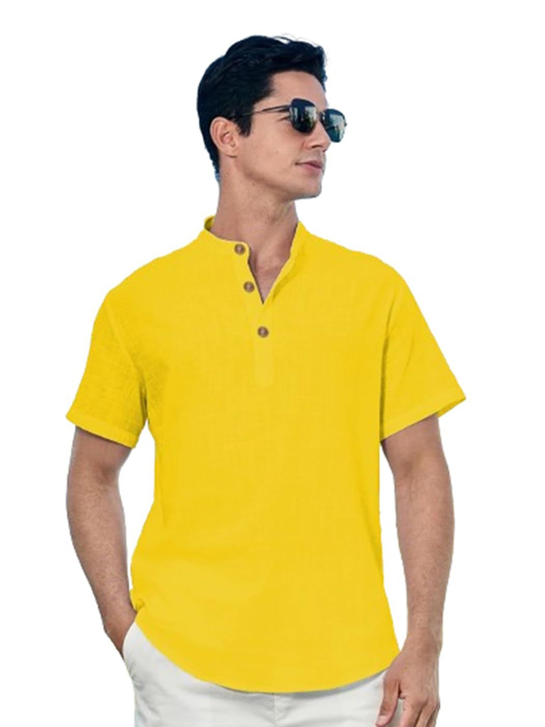 

EdinWolf Men India Slim Fit Band Collar Solid Cotton Casual Shirt, Yellow