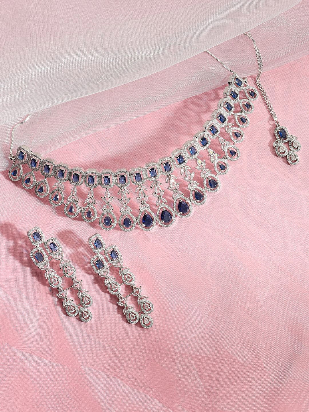 

justpeachy Rhodium-Plated American Diamond Studded Jewellery Set, Silver