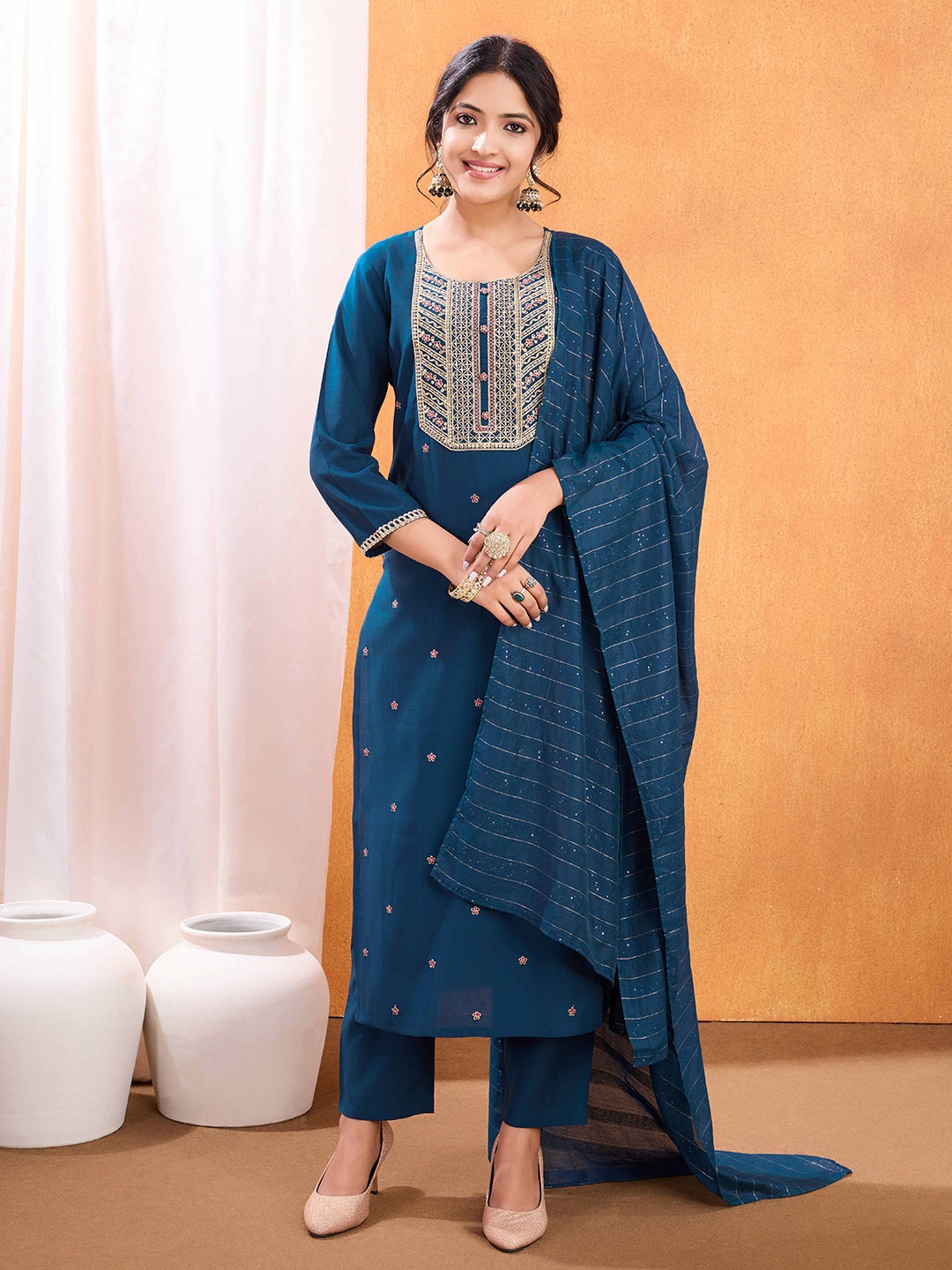 

SUAAC Floral Embroidered Zari Straight Kurta With Trouser And Dupatta, Navy blue