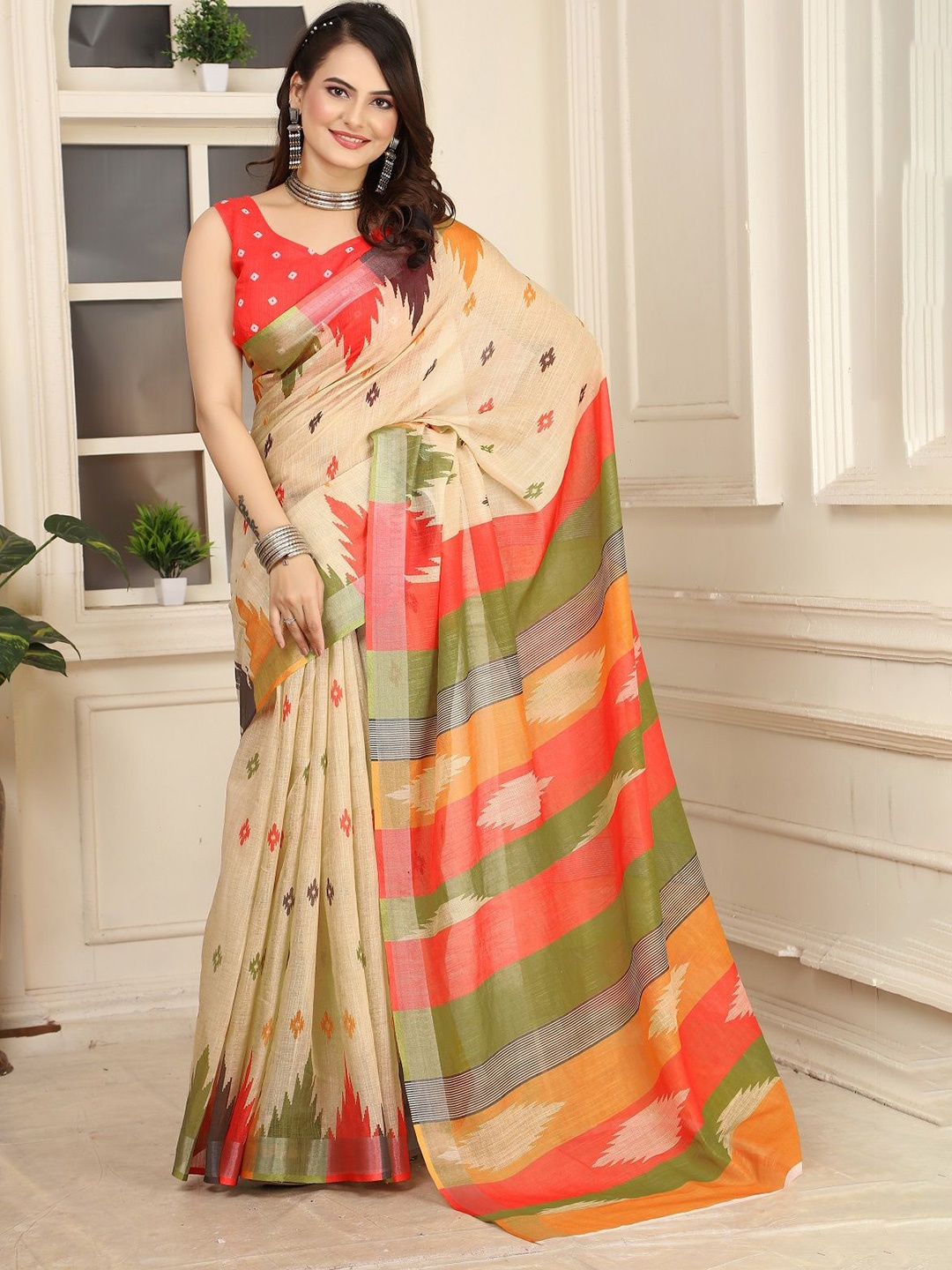 

Nimidiya Printed Zari Pure Cotton Saree, Beige