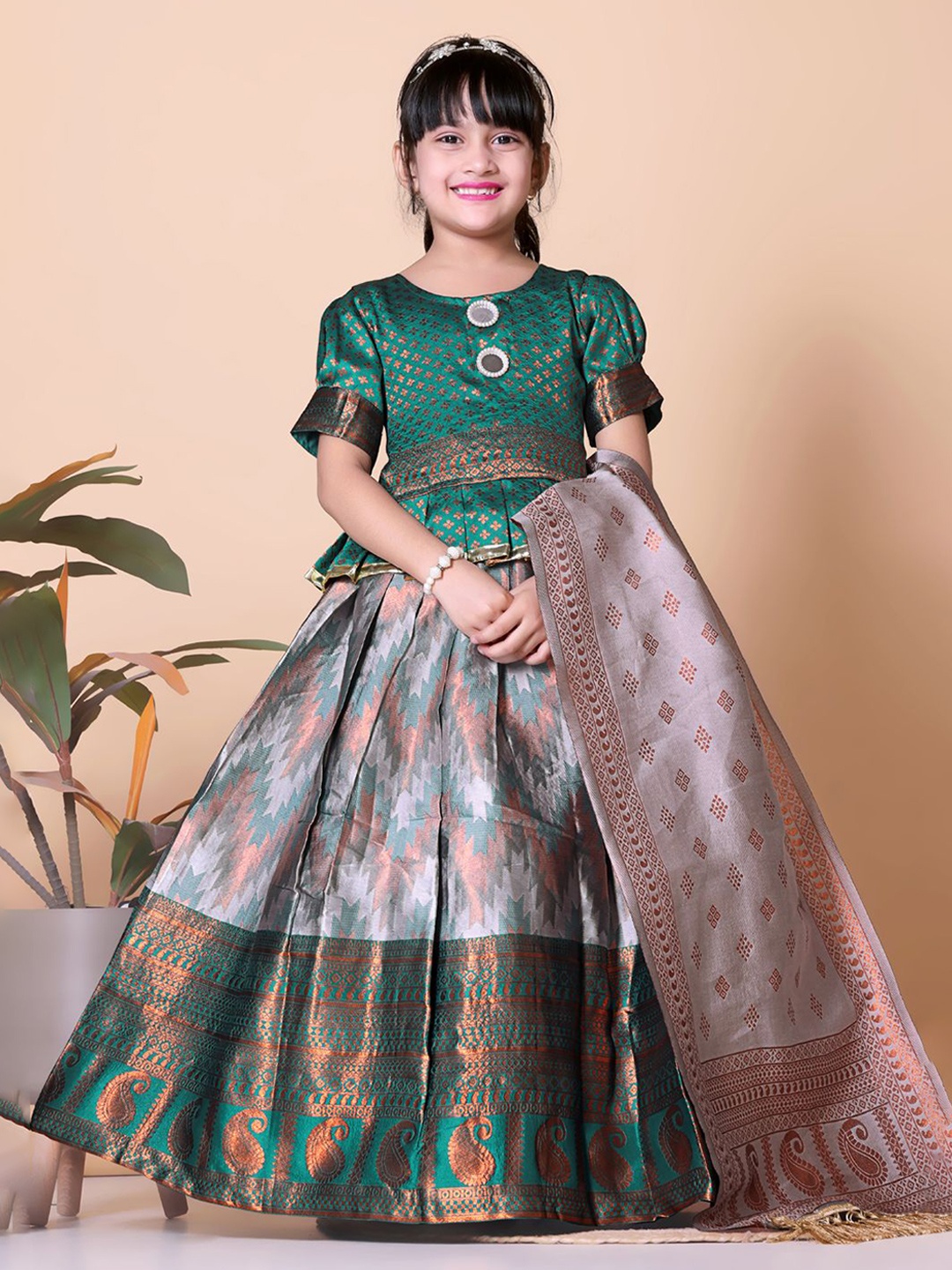 

BAESD Girls Mirror Work Ready to Wear Lehenga & Blouse With Dupatta, Teal