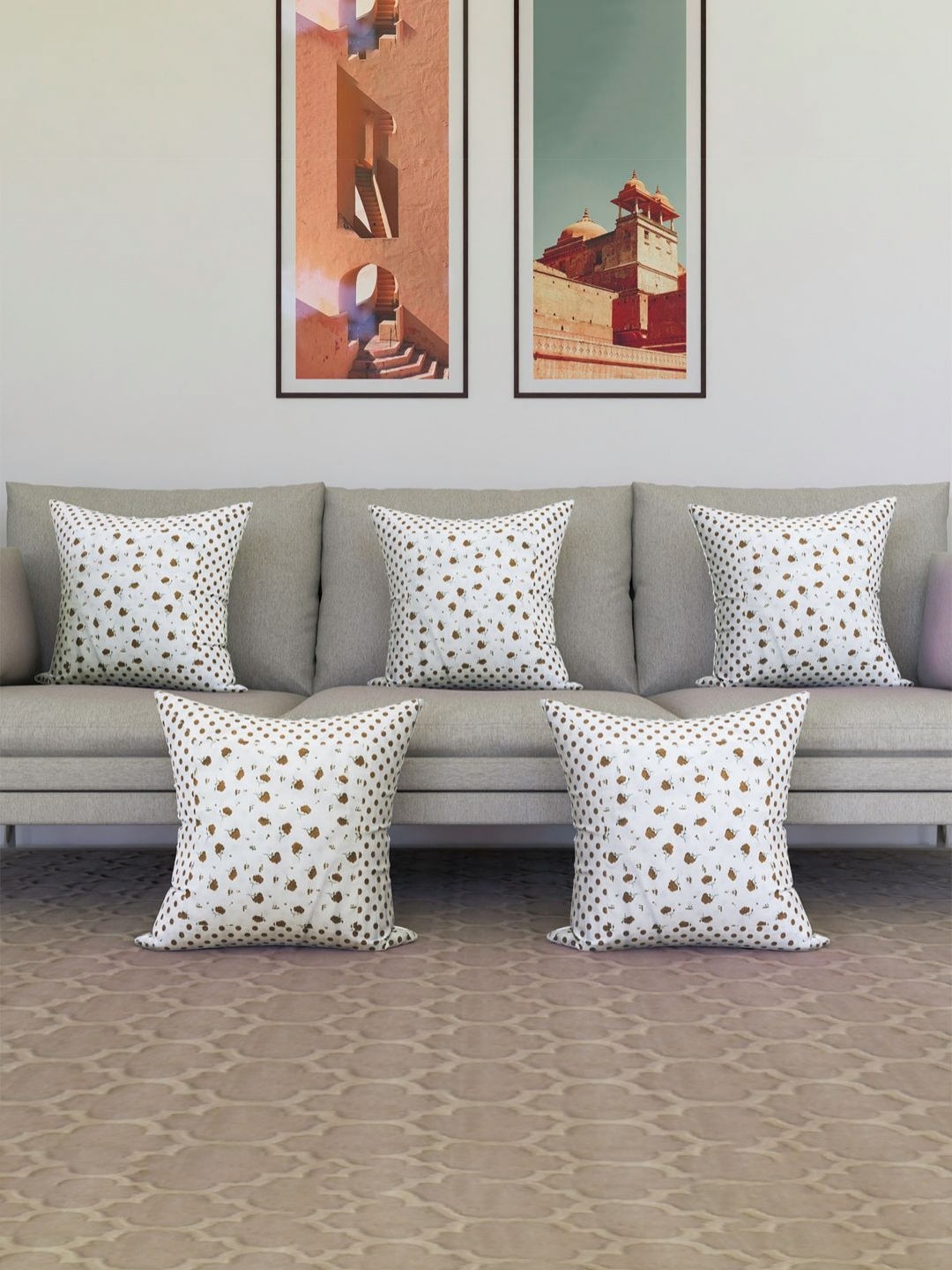 

Aura White & Brown 5 Pieces Geometric Printed Cotton Square Cushion Covers
