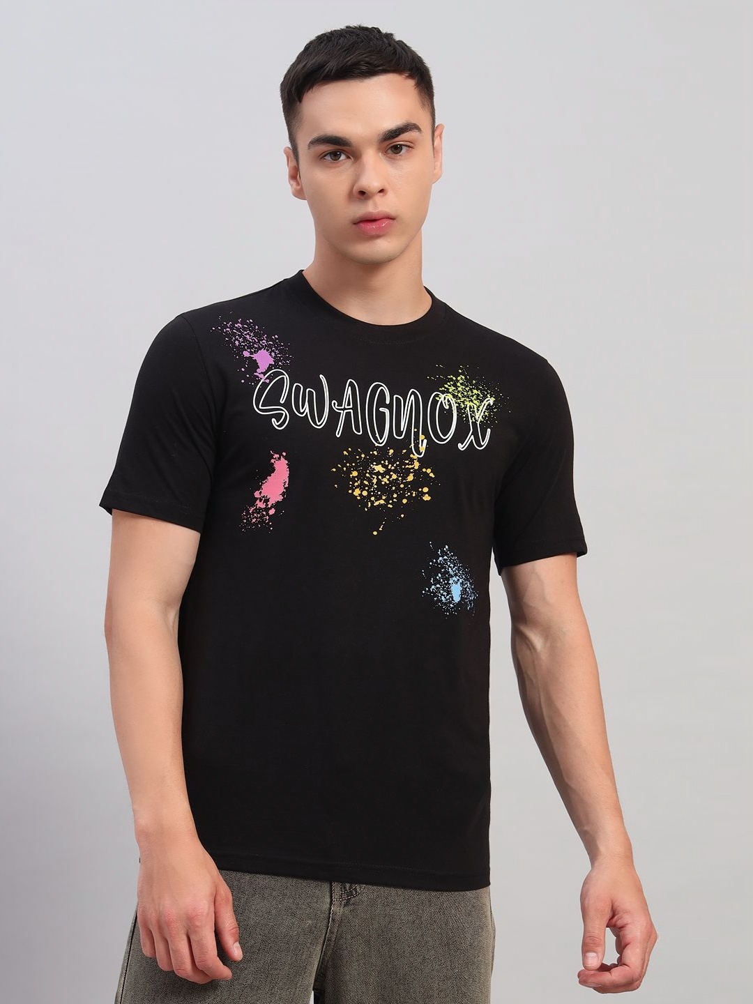 

SWAGNOX Men Typography Printed Round Neck Cotton Regular Fit T-shirt, Black