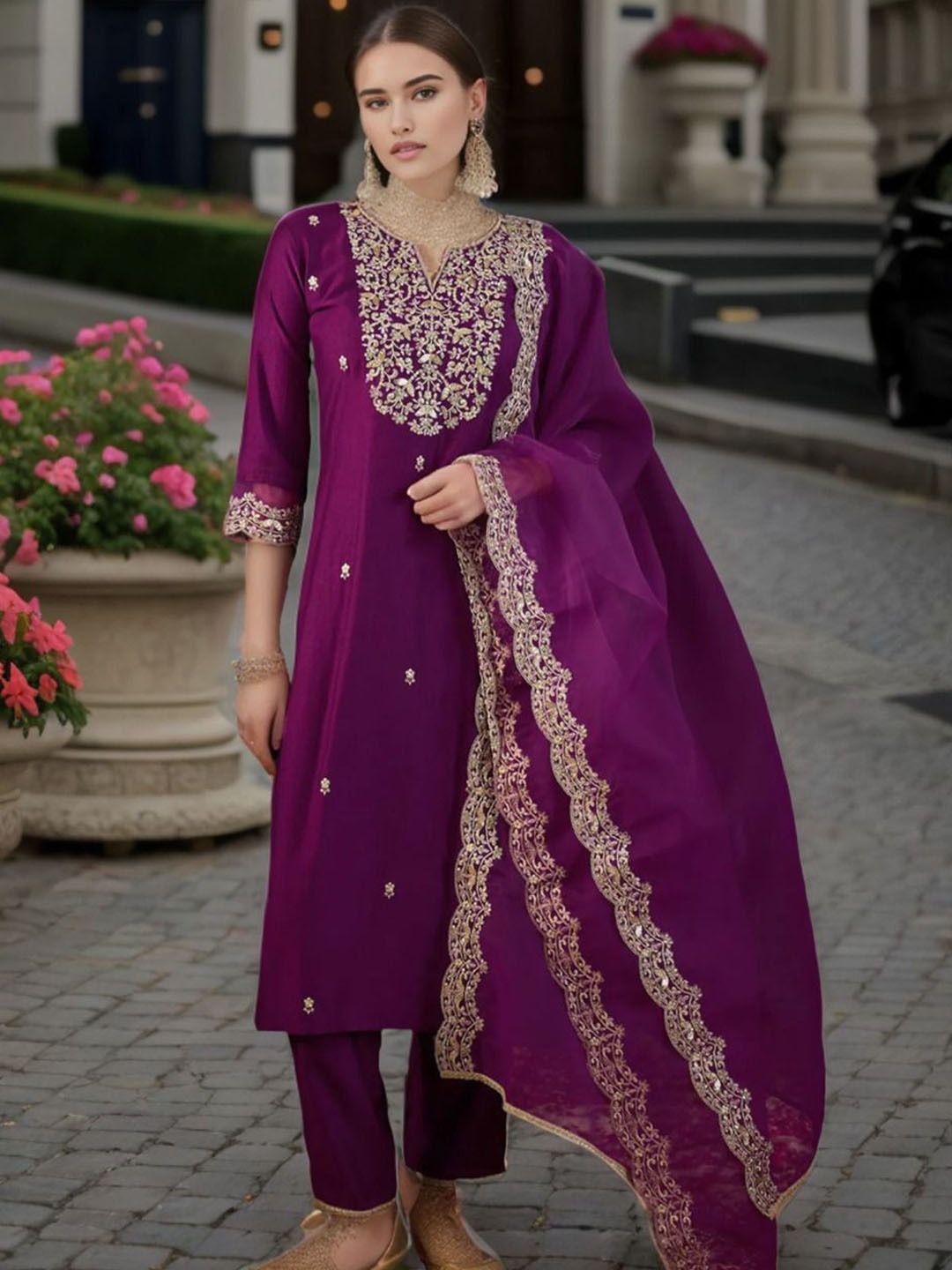 

BLACK SCISSOR Floral Yoke Design Notch Neck Chanderi Silk Kurta With Trousers & Dupatta, Purple