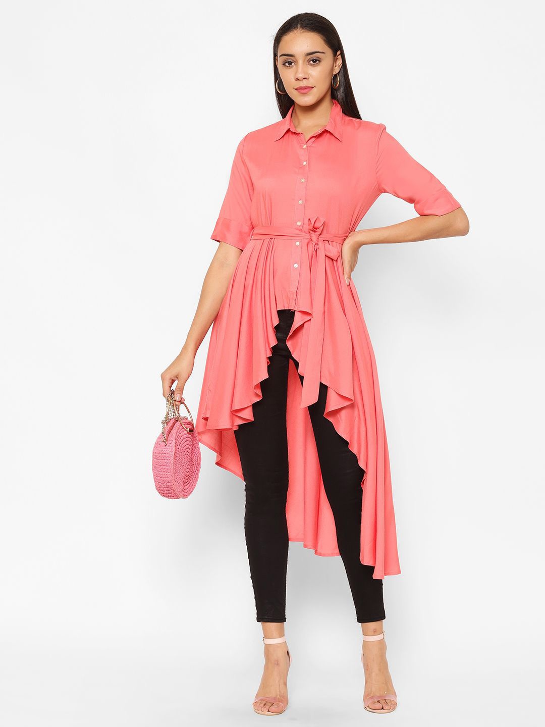 

Popster Women High-Low Shirt Dress, Peach
