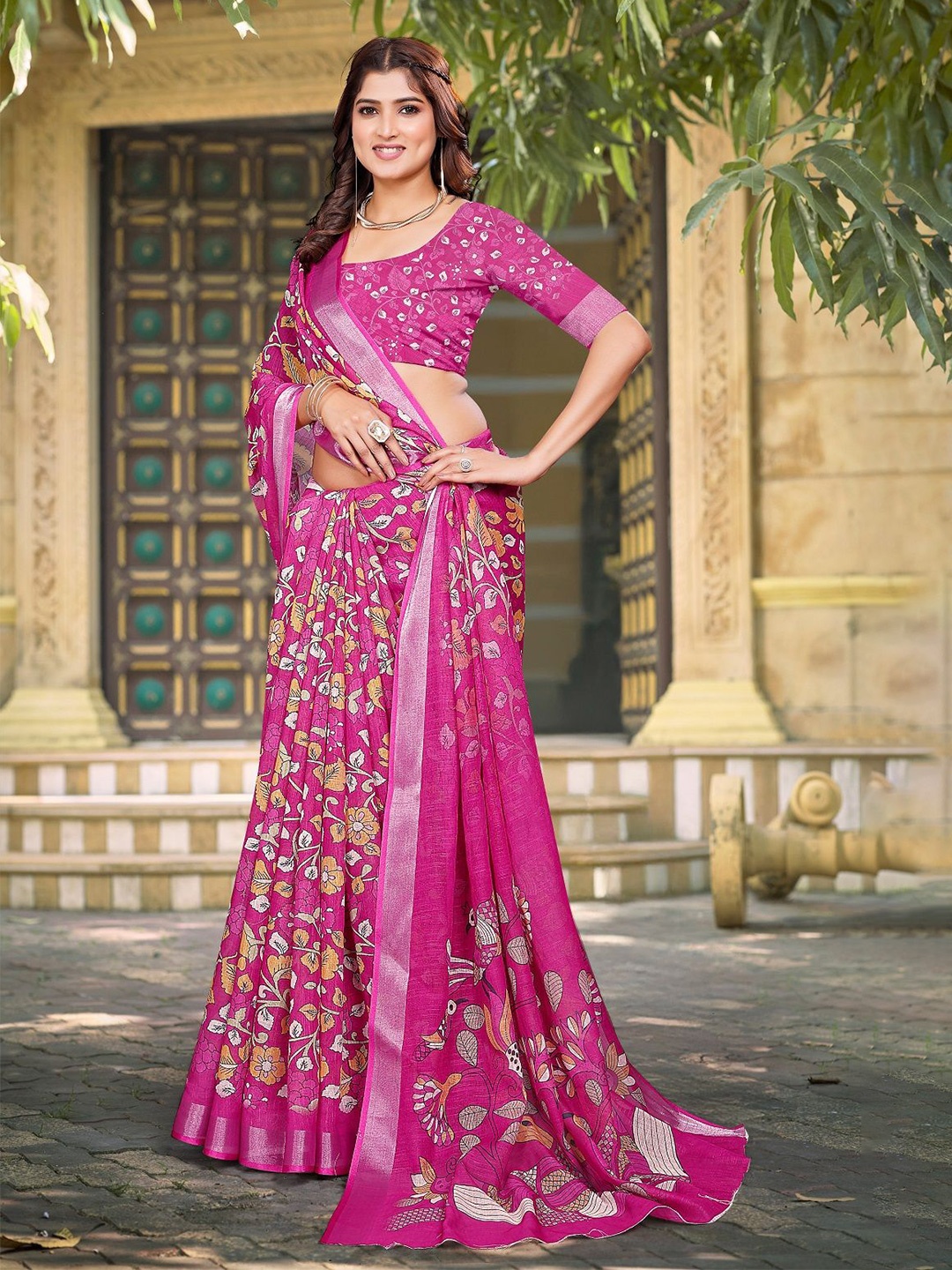 

Nimidiya Floral Printed Zari Pure Cotton Saree, Pink