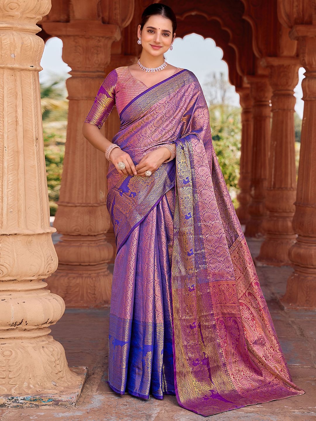 

Satrani Woven Design Zari Pure Silk Kanjeevaram Saree, Blue