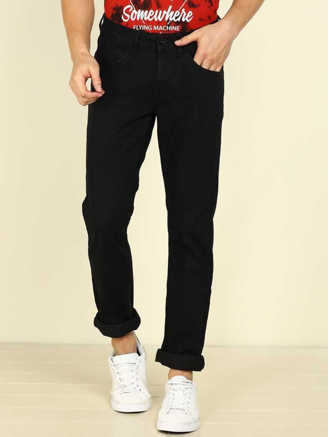 

LINARIA Men Cotton Classic Slim Fit Mid-Rise Low Distress Jeans, Black