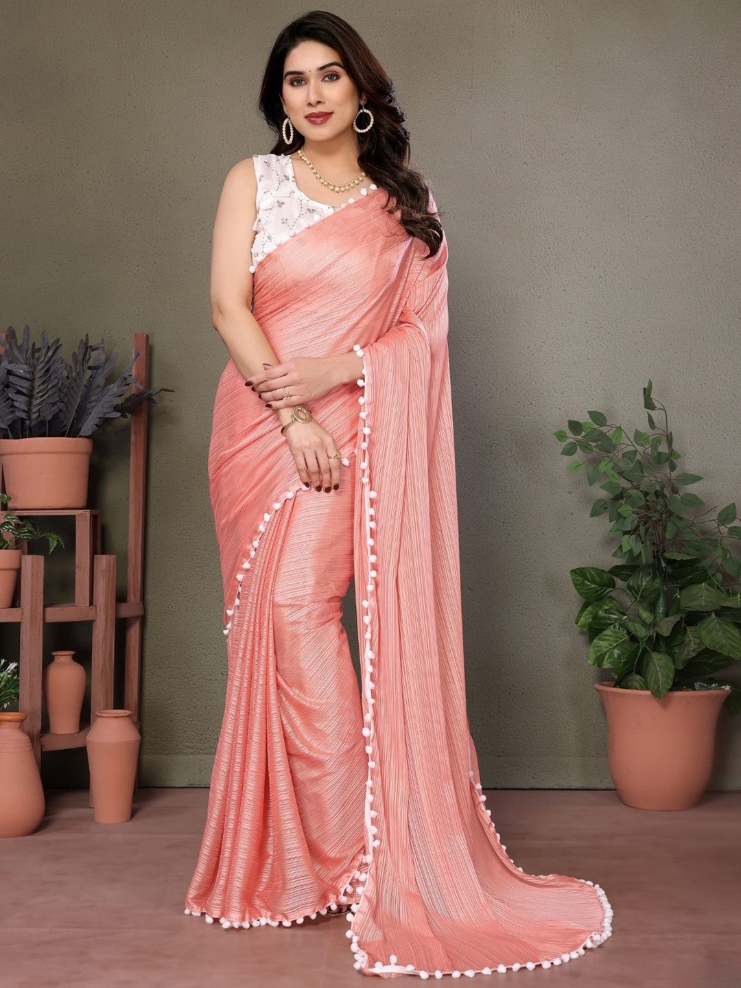 

ODETTE Women Odette Peach Banglori Lace Work Saree With Unstitched Blouse