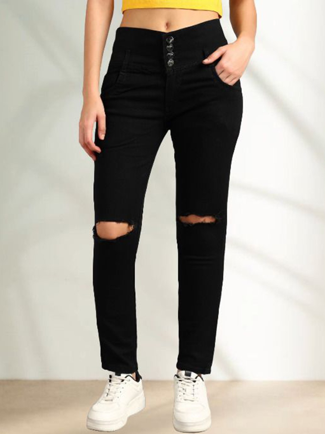 

LINARIA Women Classic Tapered Fit Slash Knee Cotton Jeans, Black