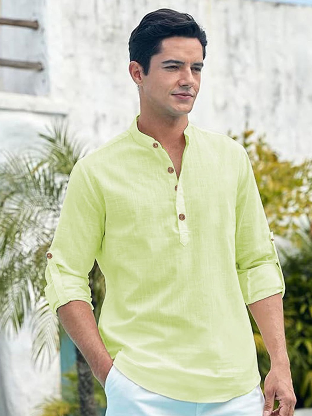 

EdinWolf Men India Slim Fit Mandarin Collar Solid Cotton Casual Shirt, Green
