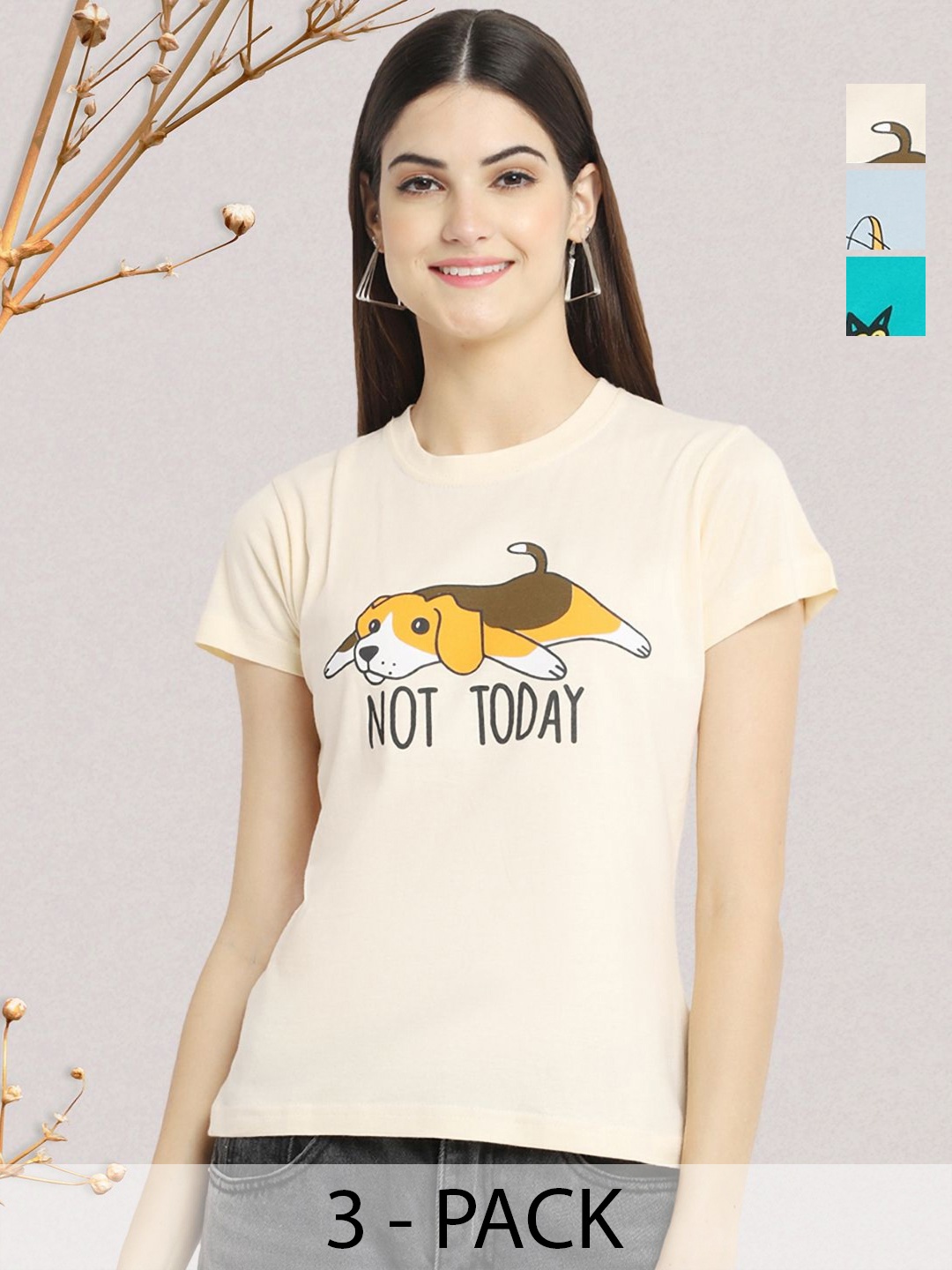 

GLOBAL NOMAD Women Pack of 3 Graphic Printed Round Neck Cotton T-shirts, Cream