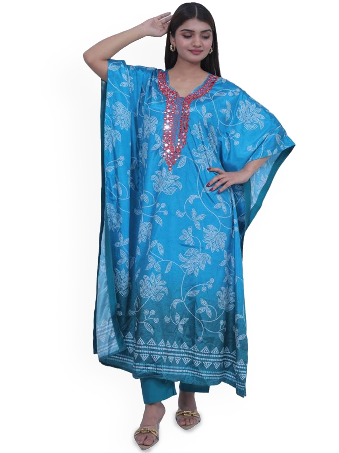 

Wavy Collection Bhandani Printed Pure Silk Kaftan Kurta with Trousers, Blue
