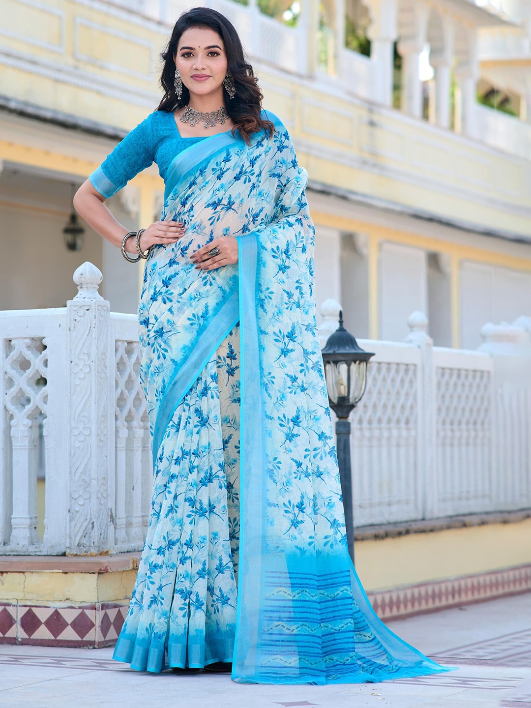 

Mitera Floral Printed Zari Pure Cotton Saree, Turquoise blue