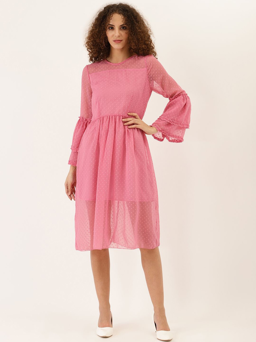 

Dodo & Moa Women Self Design Round Neck Bell Sleeve Fit & Flare Dress, Pink