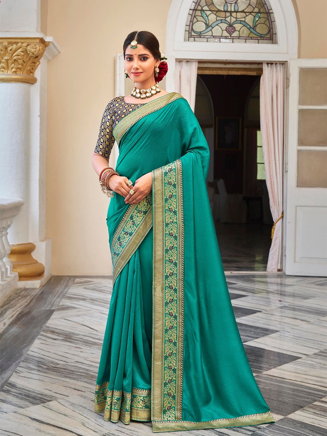 

MAHALASA Ethnic Motifs Woven Design Saree, Sea green