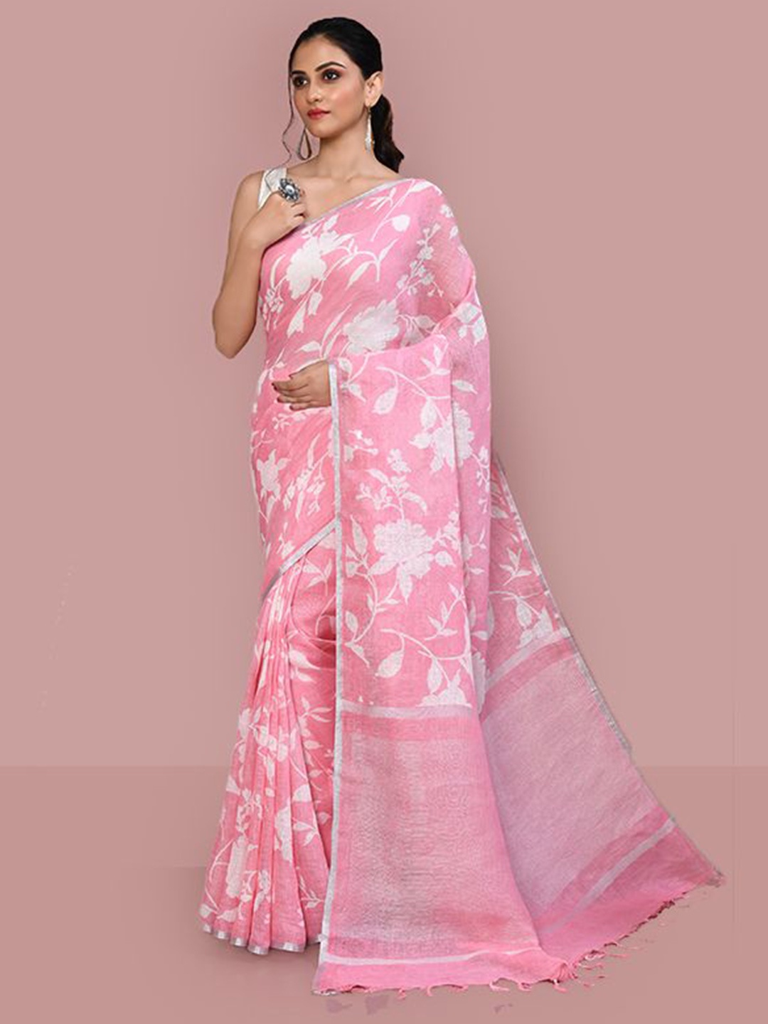 

THREAD SAGA Floral Printed Zari Saree, Pink