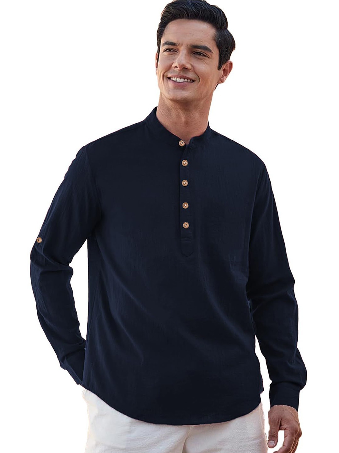 

EdinWolf Men India Slim Fit Band Collar Solid Cotton Casual Shirt, Navy blue