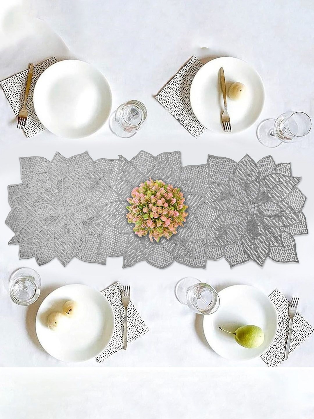 

Aura Silver-Toned Flower Design Leather Table Runner