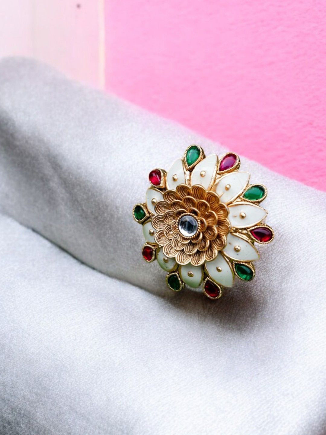 

Chaandi Rivaaz Gold Plated Artificial Stones Studded Sunflower Finger Ring
