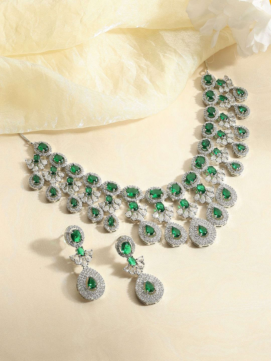 

justpeachy Rhodium-Plated American Diamond-Studded Jewellery Set, Silver