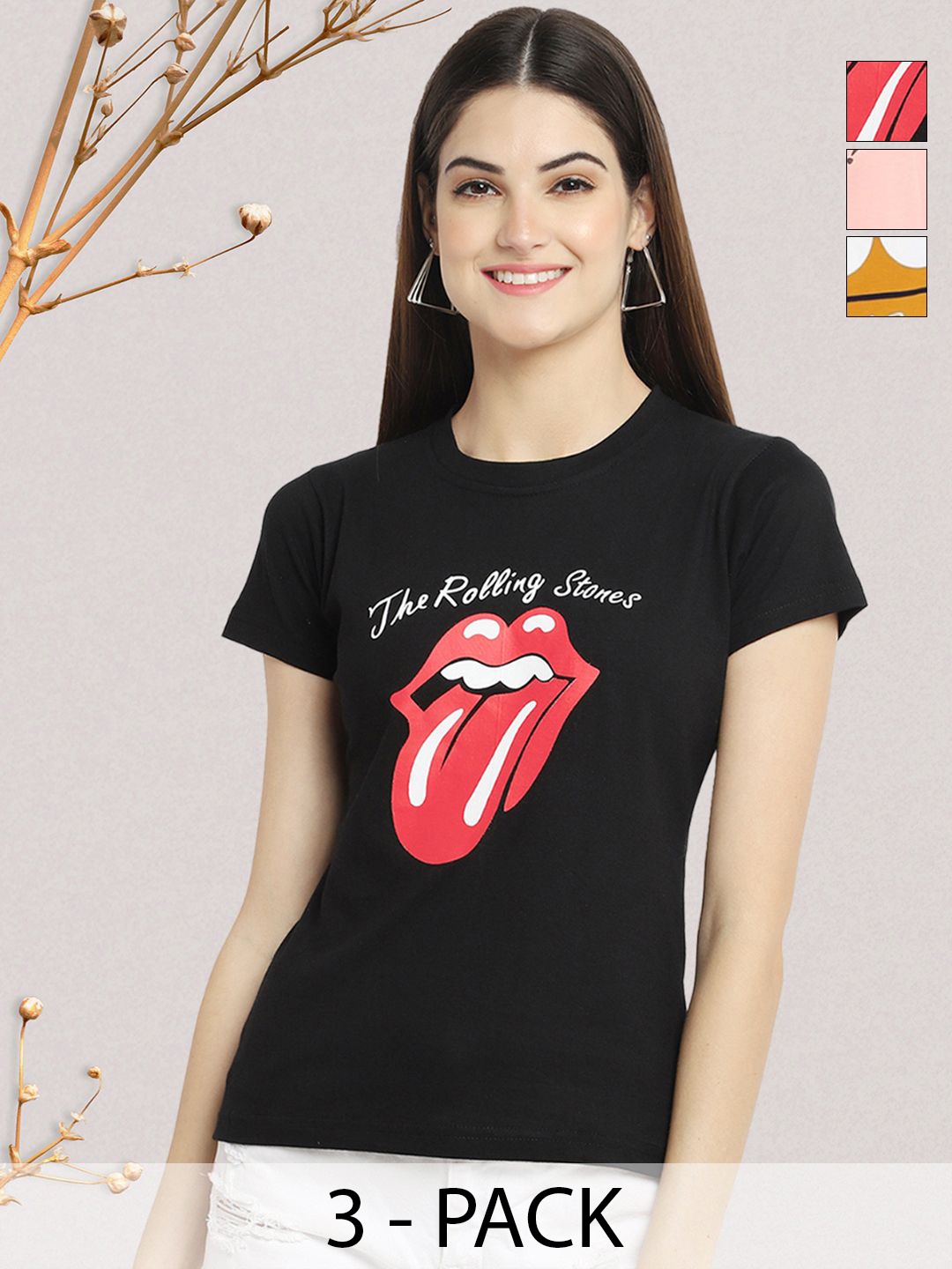 

GLOBAL NOMAD Women Pack of 3 Typography Printed Round Neck Cotton T-shirts, Black