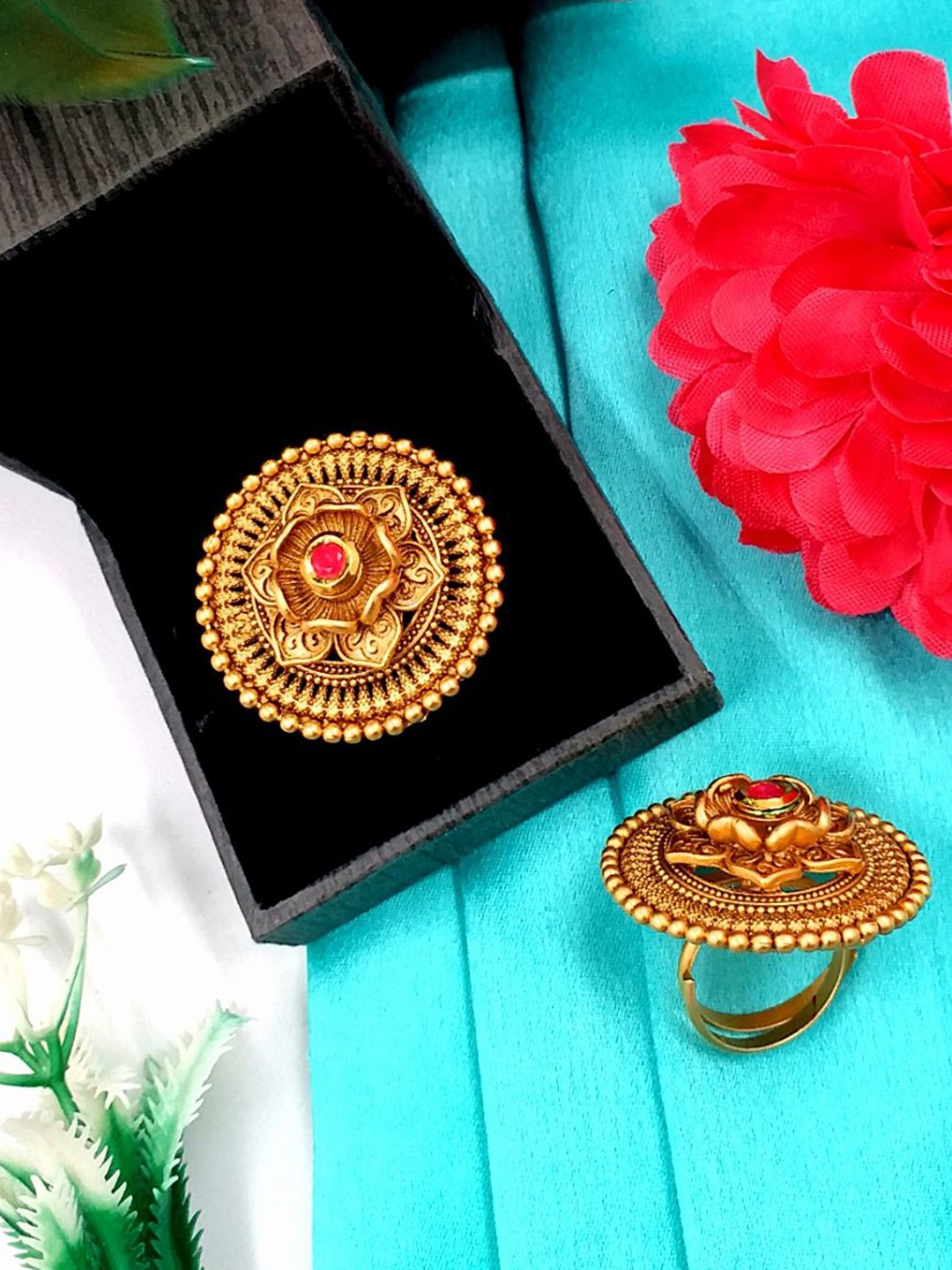

JYONA Gold Plated Stone-Studded Adjustable Finger Ring