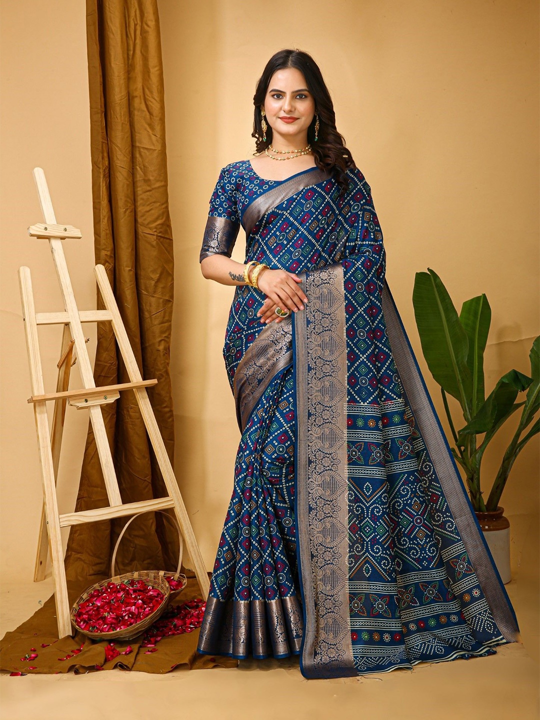 

KALINI Bandhani Printed Zari Kanjeevaram Saree, Blue