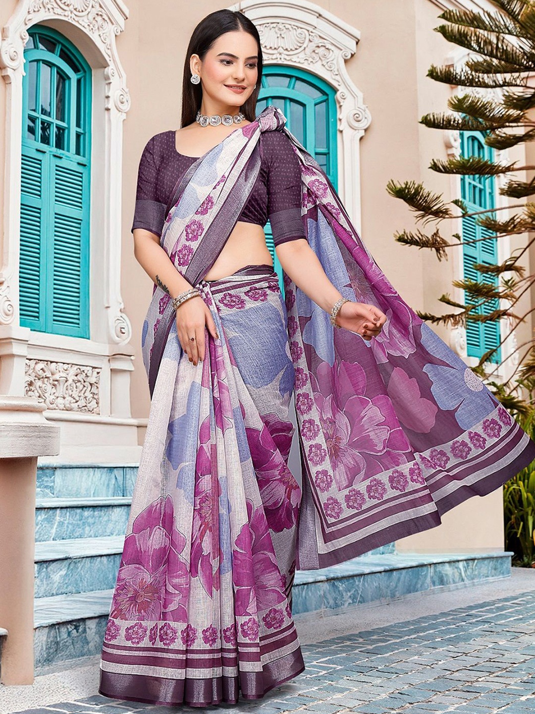 

Nimidiya Floral Printed Zari Pure Cotton Saree, Purple