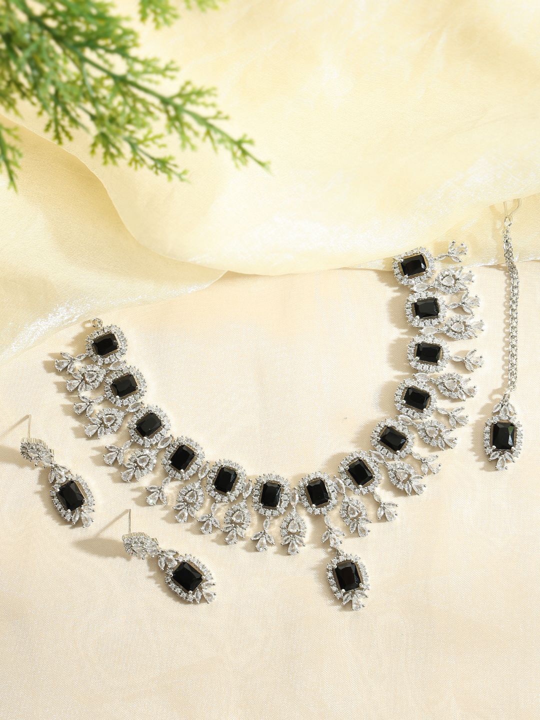 

justpeachy Rhodium-Plated American Diamond Studded Jewellery Set, Silver