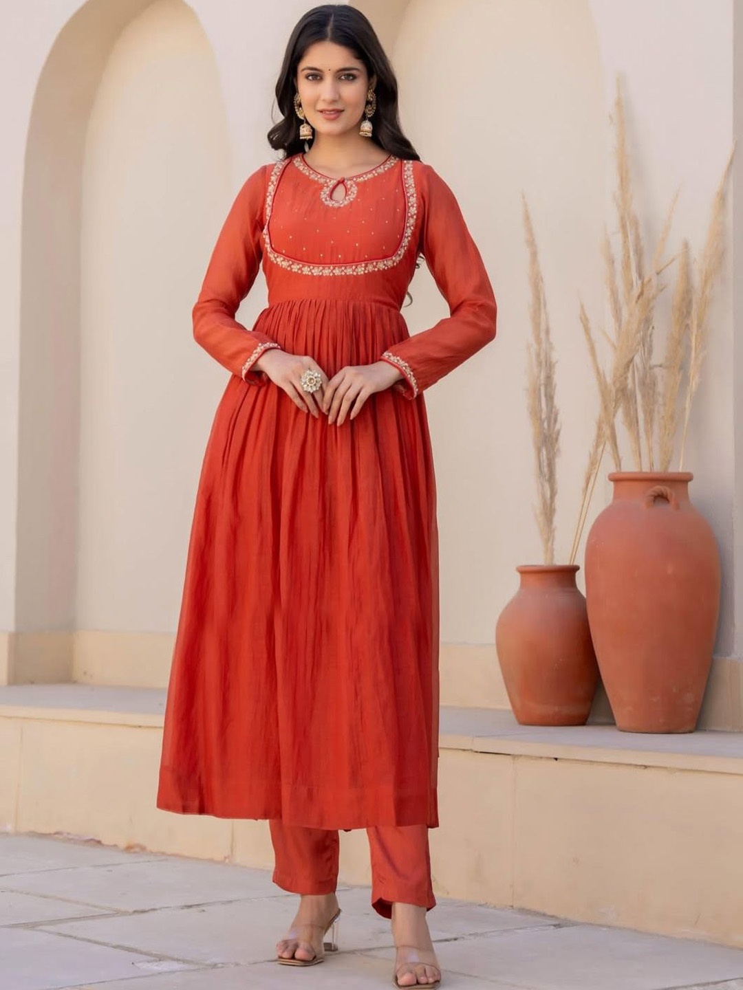 

BLACK SCISSOR Ethnic Motifs Embroidered Zari Anarkali Kurta with Trousers & Dupatta, Orange