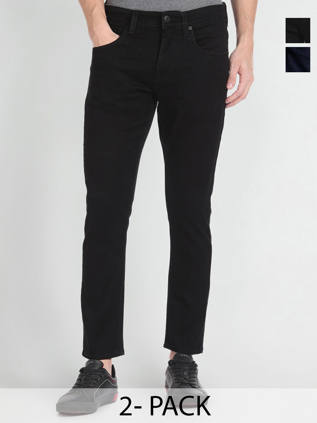 

CLUBROCKS Men Pack Of 2 Mid-Rise Regular Fit Clean Look Stretchable Jeans, Black