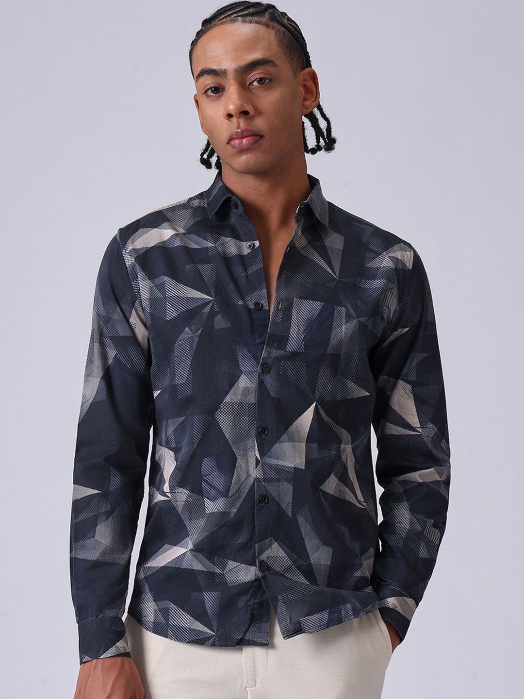 

Banana Club Men Classic Slim Fit Opaque Abstract Casual Shirt, Navy blue