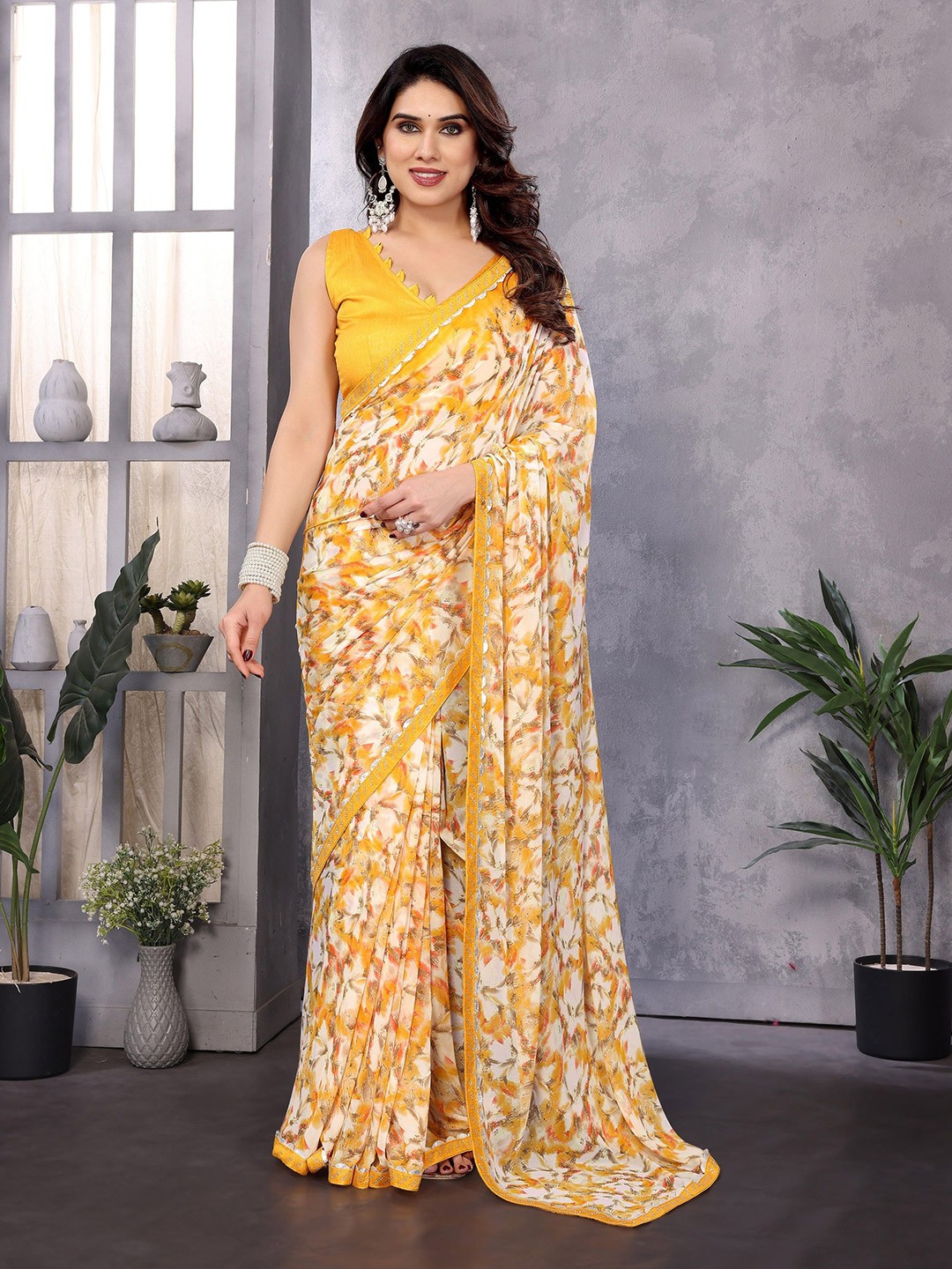 

Nirmohi Fashion Floral Printed Pure Georgette Saree, Yellow