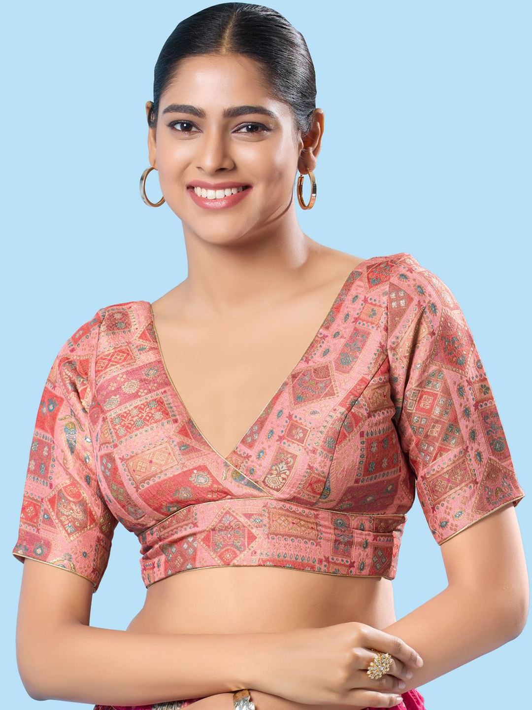 

Vamas-The Designer Blouses Women V-Neck Padded Saree Blouse, Pink
