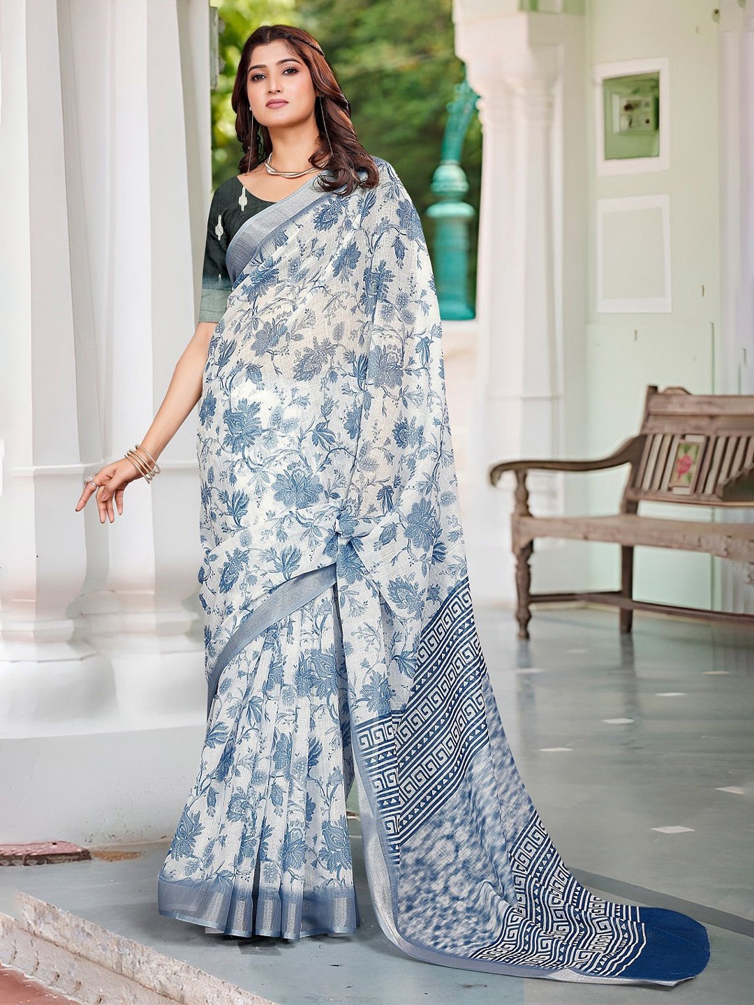 

Nimidiya Floral Printed Zari Pure Cotton Saree, Blue