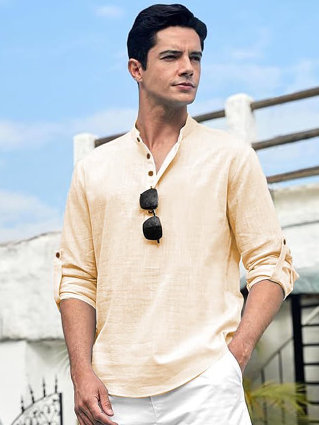 

EdinWolf Men India Slim Fit Band Collar Solid Cotton Casual Shirt, Beige
