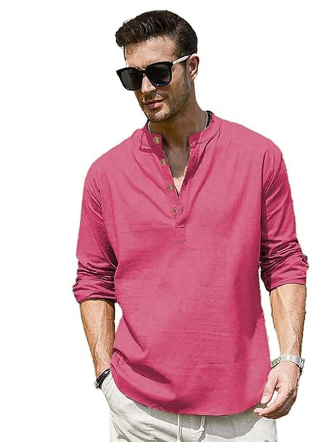 

EdinWolf Men India Slim Fit Band Collar Solid Cotton Casual Shirt, Pink