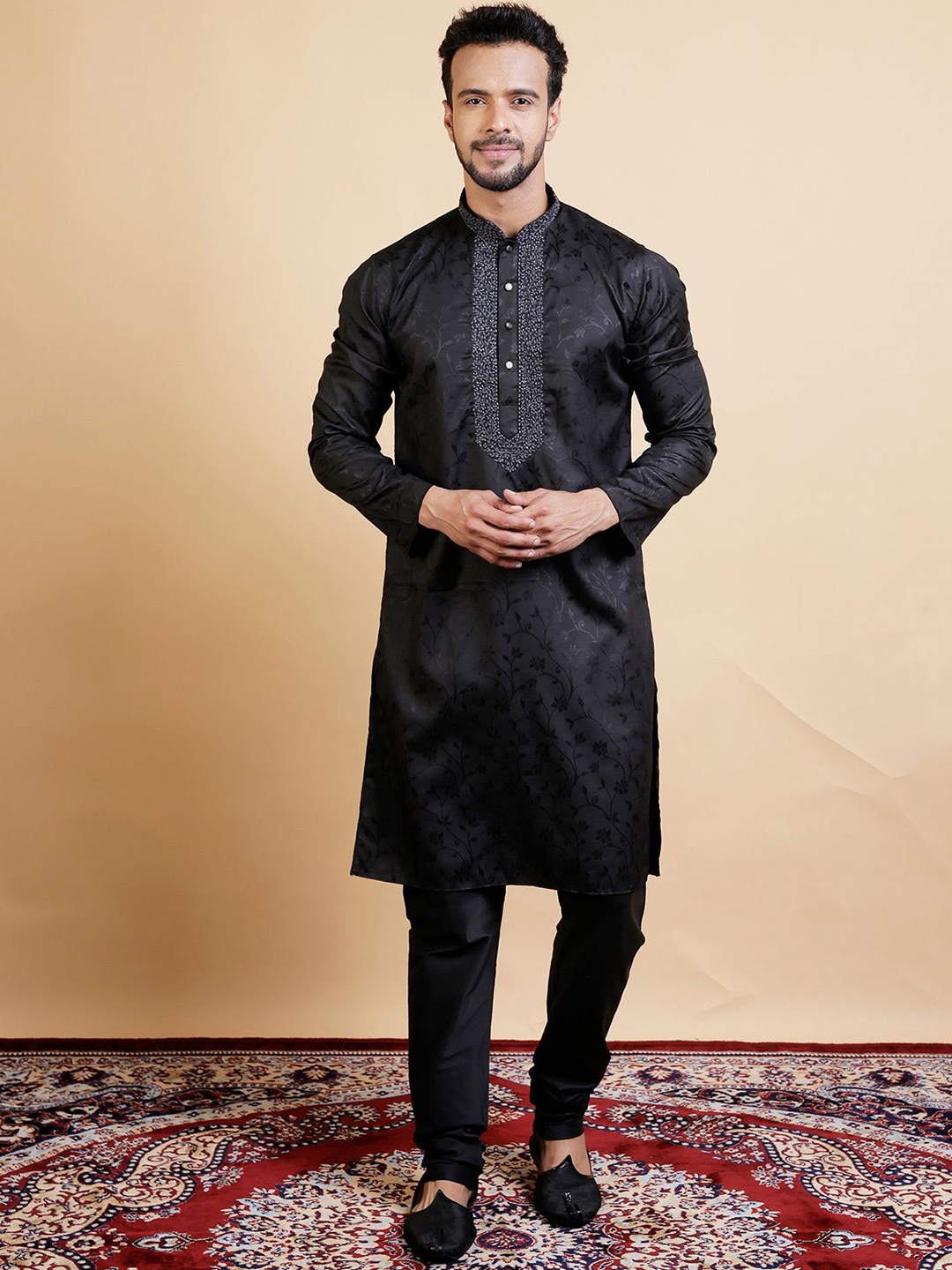 

KHAAS Floral Woven Design Mandarin Collar Thread Work Cotton Silk Straight Kurta, Black