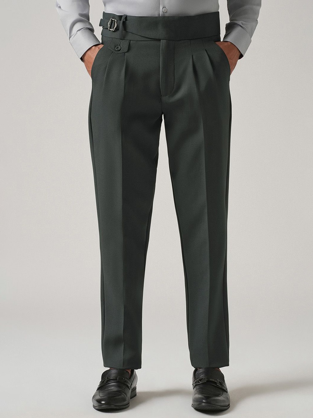 

Banana Club Men Deep Slate Green Pleated Gurkha Pant Trousers, Olive