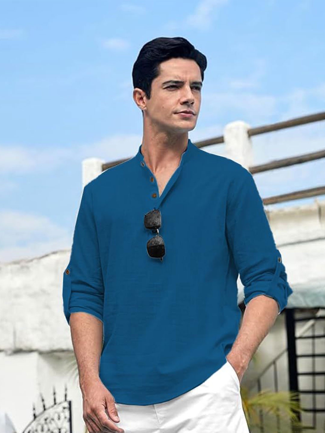 

EdinWolf Men India Slim Fit Band Collar Solid Cotton Casual Shirt, Blue