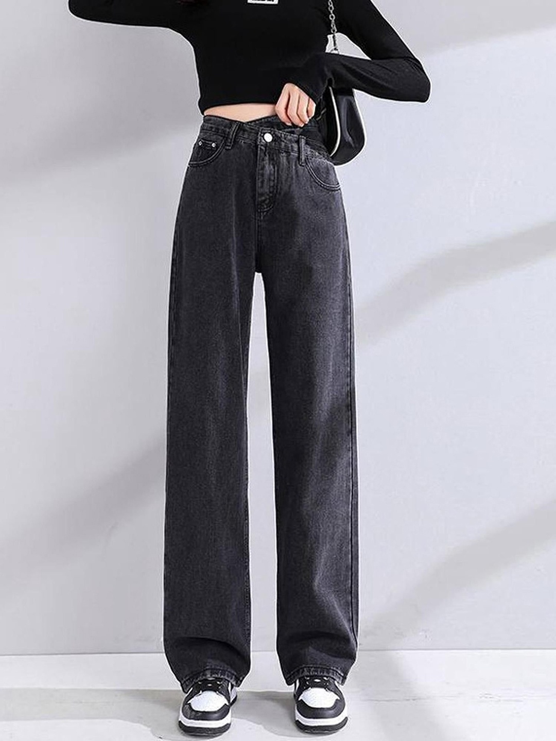 

Outzidr Women Original Wide Leg Mid-Rise Dark Shade Jeans, Charcoal