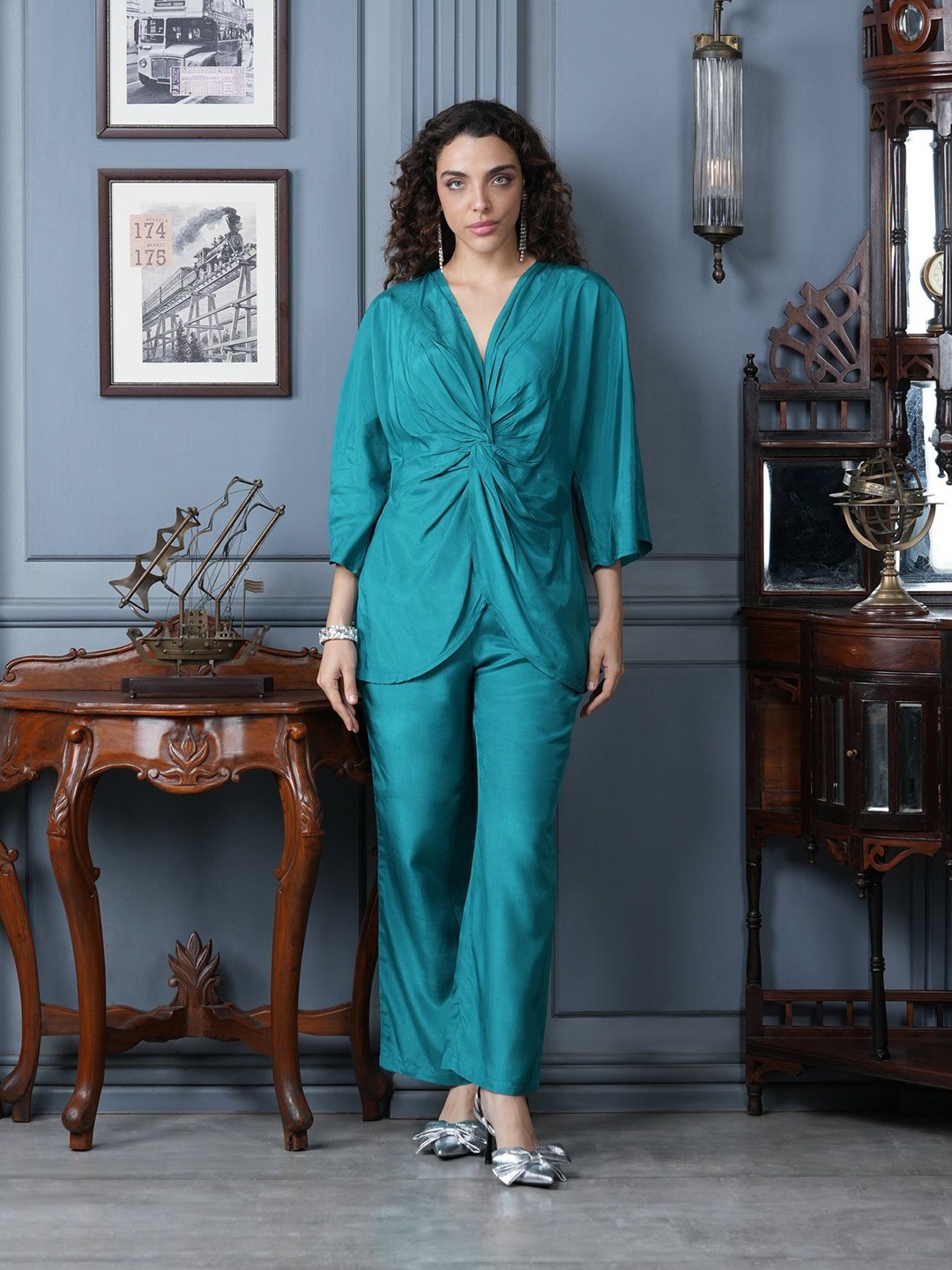 

JISORA Pure Silk Tunic With Trousers Co-Ords, Blue