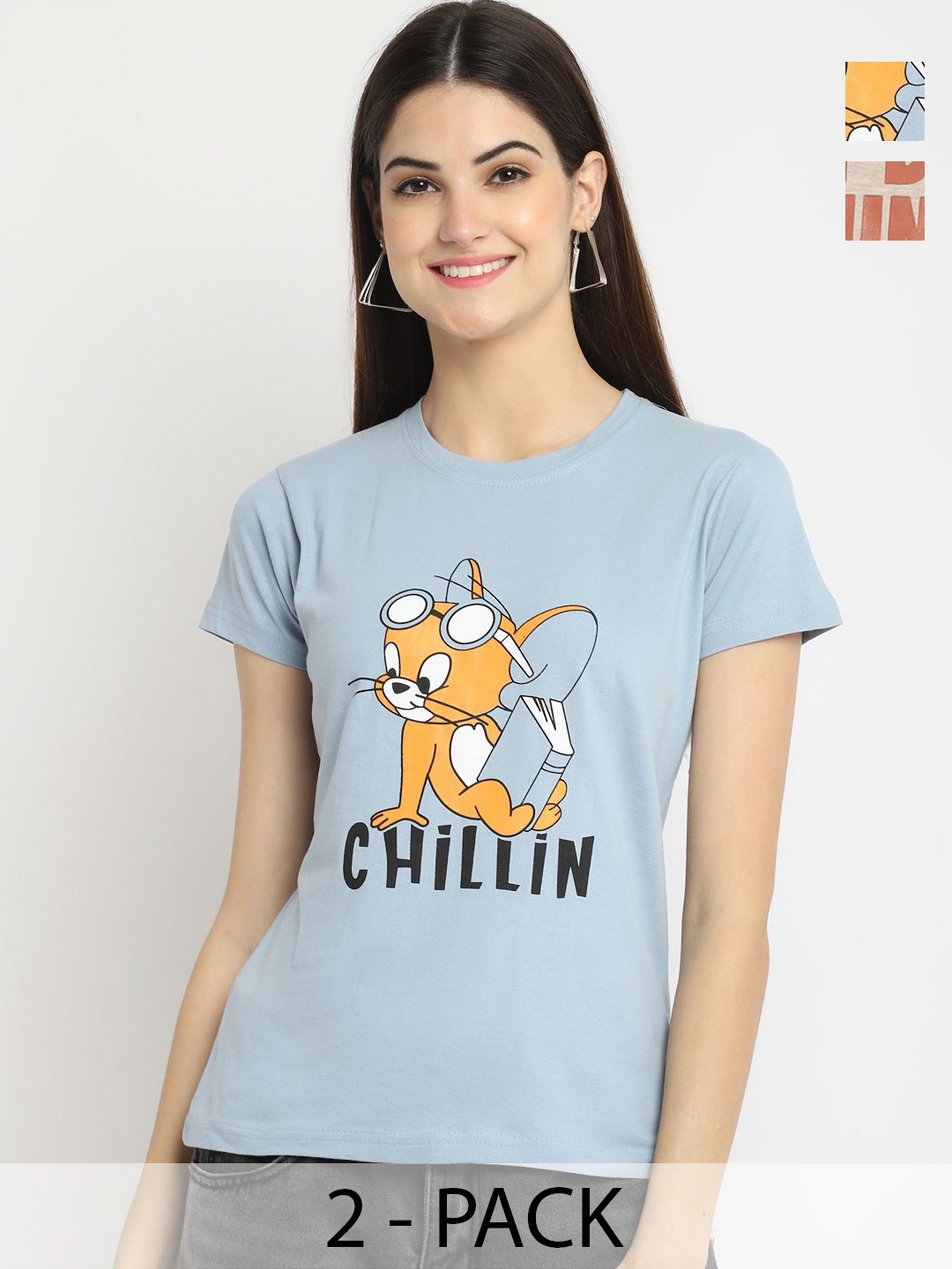 

Tromko Women Pack of 2 Tom & Jerry Graphic Printed Round Neck Cotton Regular Fit T-shirts, Blue