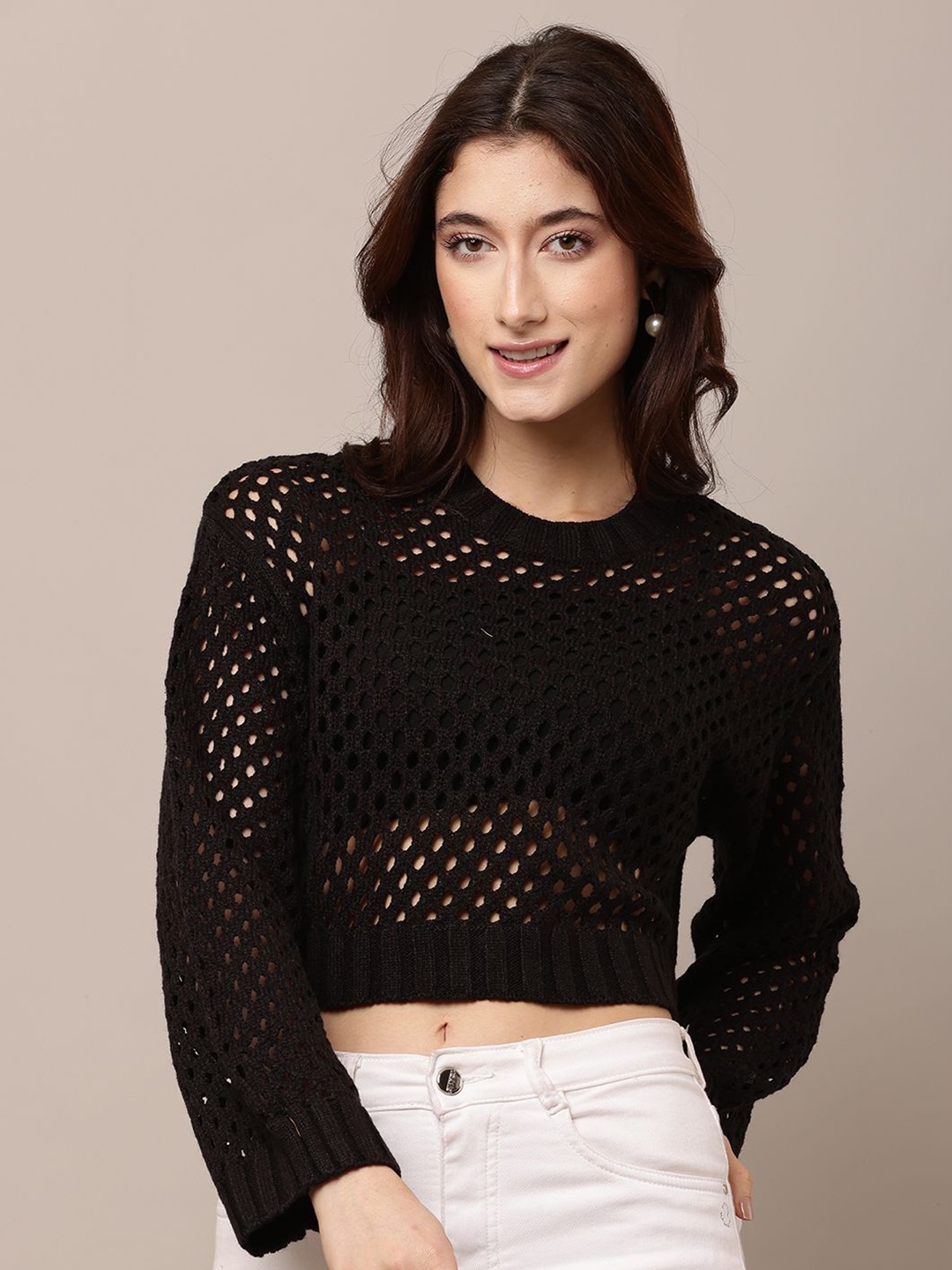 

NoBarr Women Self Design Open Knit Crop Pullover Sweaters, Black