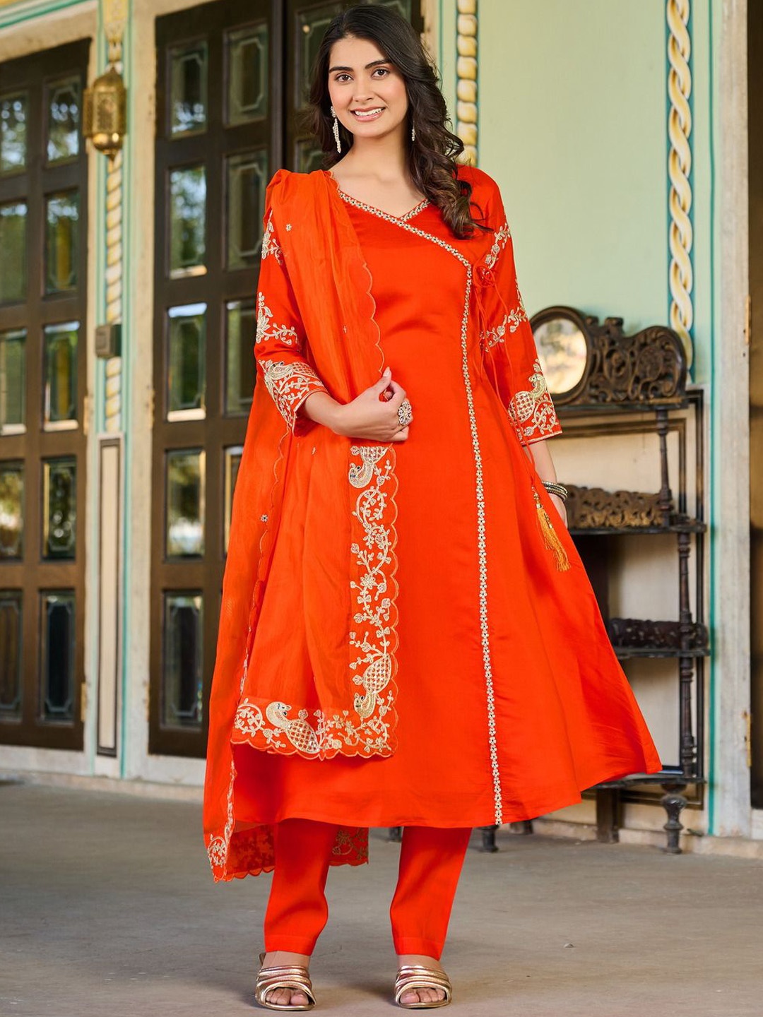 

BLACK SCISSOR Embroidered Raw Silk Anarkali Kurta with Trousers & Dupatta, Orange